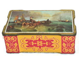 Scalloped vintage tin with an image of fishing boats