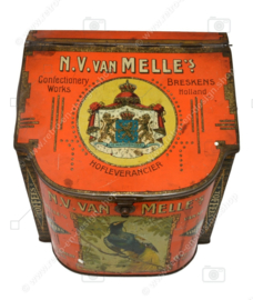 ​Rectangular shop counter tin with semicircular front and sloping lid with decoration peacock, parrot and bird of paradise by Van Melle Toffees, Breskens