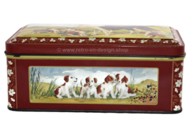 Vintage AJP tin with image of Scottish Collie and puppies