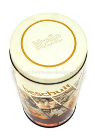 Cylindrical vintage Verkade rusk or biscuit tin with front pages of the Libelle magazine, anniversary edition