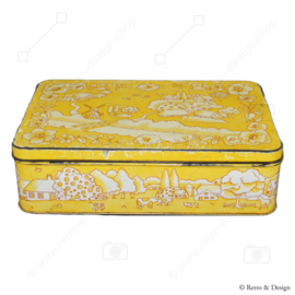 Boîte à biscuits jaune de Verkade avec un décor d'un paysage hollandais dessiné