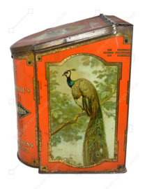 ​Rectangular shop counter tin with semicircular front and sloping lid with decoration peacock, parrot and bird of paradise by Van Melle Toffees, Breskens