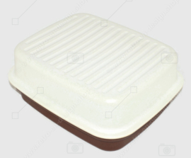 Caja grande de pan Tupperware vintage o caja de panadería marrón oscuro con tapa blanca crema 'Bread Stor N Serve'