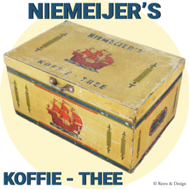 Middelgroot vintage winkelblik voor Niemeijer's Koffie - Thee met afbeeldingen van een galjoen / zeilschip