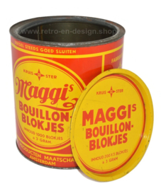 Lata vintage cilíndrica rojo-amarillo "Cubitos de caldo de Maggi"