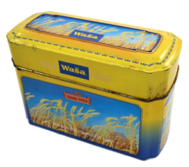 Geel/blauwe blikken doos voor Crackers van Wasa met afbeelding van rijp graan