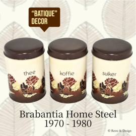 Vintage set blikken voorraadbussen van Brabantia voor Koffie, Thee en Suiker in "Batique" decor