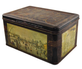 Caja de hojalata vintage con cierre y la pintura "IJsvermaak" de Hendrick Avercamp