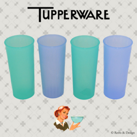Set of four Tupperware cups in green and blue, with a light fantasy pattern