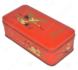 Vintage blikken theetrommel voor DE GRUYTER met oosters vogeldecor in rood