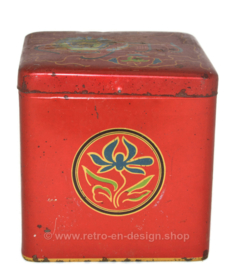 Vintage blikken kubus voor thee van Van Nelle met afbeelding Oosterse leeuw