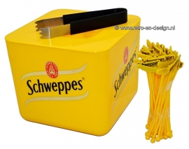 Vintage Retro Gele plastic Schweppes ijsemmer met ijstang en roerstaafjes