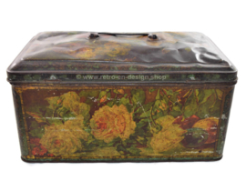 Large vintage tin with handle and decorated with painted flowers