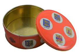 Vintage biscuit tin by Arks with Dutch provinces and the accompanying coats of arms