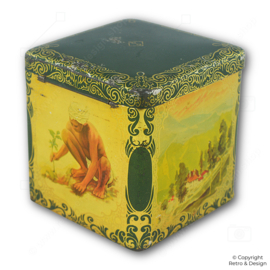 Vintage grüne Co-op-Teedose in Würfelform mit goldenen Verzierungen (1930–1950)