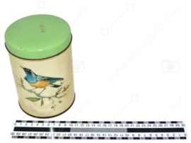 Vintage hoog rond koekblik van De Gruyter met blauw-oranje vogel en groen deksel