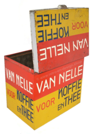 Large rectangular shop tin by Van Nelle for coffee and tea in yellow-red-black. Bekkers, Dordt