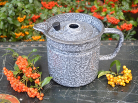 Gray clouded, enamelled milk boiler with spout. Loose lid with holes