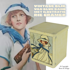 "Lata de Galletas Vintage Blue Band con Encantadora Ilustración de Rie Cramer: Una Pieza de Historia y Arte en tu Hogar"