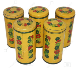 Cylindrical yellow vintage Verkade tin with nasturtiums