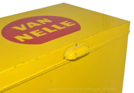 Large, yellow vintage shop counter tin with the brand name "Van Nelle" in a red circle on the lid