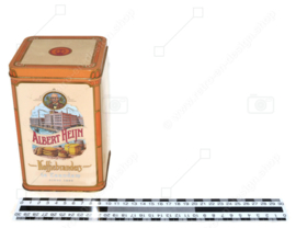 Vintage storage tin with hinged lid for Perla coffee from Albert Heijn "Koffiebranders in Zaandam since 1895"