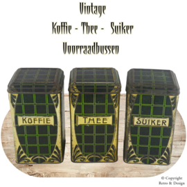 Ensemble de trois boîtes de rangement vintage – Café, Sucre et Thé, style Art déco