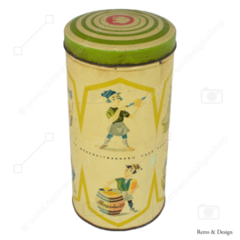 Vintage round cylindrical Hille rusk tin with drawings of the work of a rusk baker