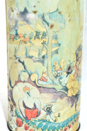 Cylindrical vintage biscuit tin made by De SPAR with fairy-tale characters