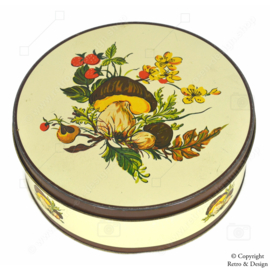 "Autumn Splendor: Vintage Round Cookie Tin with Mushrooms and Leaves (1970-1980)"