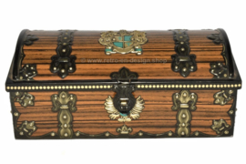 Caja de lata vintage con textura de madera y heráldica, escudo de armas