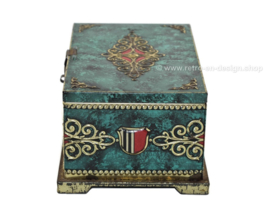 Vintage green tin box with coats of arms and closure