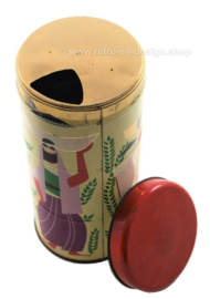 Coffee tin or canister made by Albert Heijn with images of coffee harvest