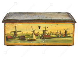 Rectangular vintage tin made by Petten Wormerveer for cocoa powder. Windmills and houses of the Zaanse Schans