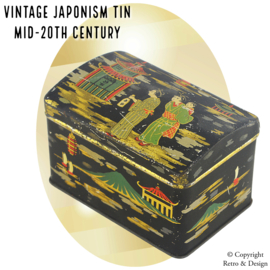 Lata Japonesa Vintage con Imágenes Icónicas de Hombre y Mujer, Monte Fuji, Pagodas y Más