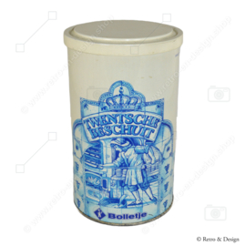 White and blue rusk tin depicting old Dutch bakery for Twentsche rusk by BOLLETJE
