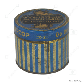 Blue/gold striped vintage tin for apple syrup made by De Gruyter