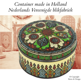 Boîte ronde vintage avec design oriental – Contenant fabriqué aux Pays-Bas (1950-1970)