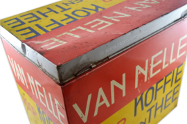 Large rectangular Van Nelle storage tin for coffee and tea in yellow-red-blue