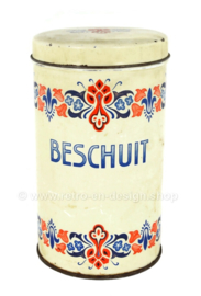 Lata de galletas con patrón de colores e inscripción "Beschuit"