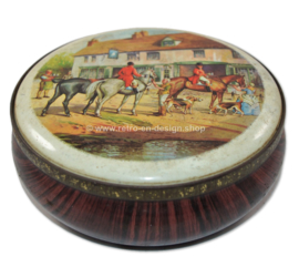 Runde Vintage Blechdose mit Pferden, Holzimitation
