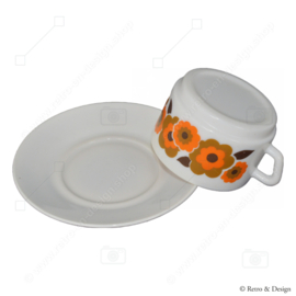 Arcopal Lotus soup bowl in orange/brown floral pattern + saucer