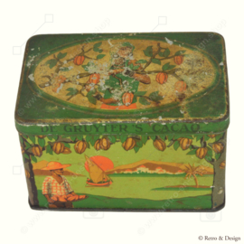 Rectangular vintage cocoa tin with hinged lid, "De Gruyter's cocoa", Groenmerk