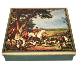 Vintage quadratische Blechdose mit Darstellung einer englischen Jagdszene