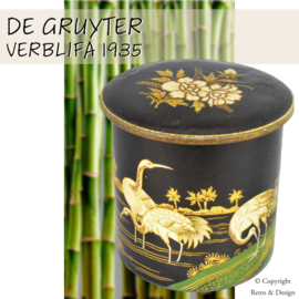 Vintage theeblik van De Gruyter - Een Meesterwerk gedecoreerd met bloemen en kraanvogels