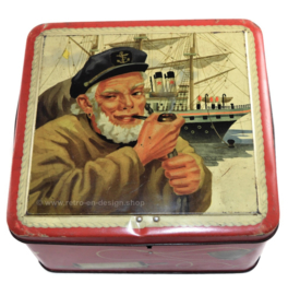 Oud brocante blik van Toffees Trefin Confiserie De Bie Lokeren, zeeman met pijp