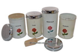 Vintage Dutch Brabantia storage tins for Coffee, Tea, Sugar, and Rusks with rose pattern