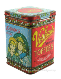 Vintage Blechdose "Fijnst gesorteerde toffees" von Verkade mit Süßigkeiten essenden Mädchen