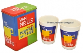 Caja de la lata 'Van Nelle' para café y té con dos tazas de café