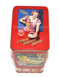 Douwe Egberts Koffie, retro blik met nostalgische afbeeldingen.